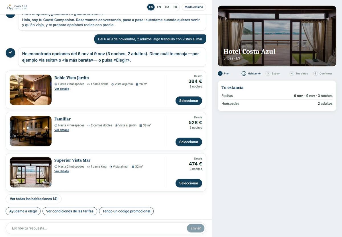 Habitaciones con precio de la estancia, propuestas desde una frase · Hotel ficticio · datos de ejemplo