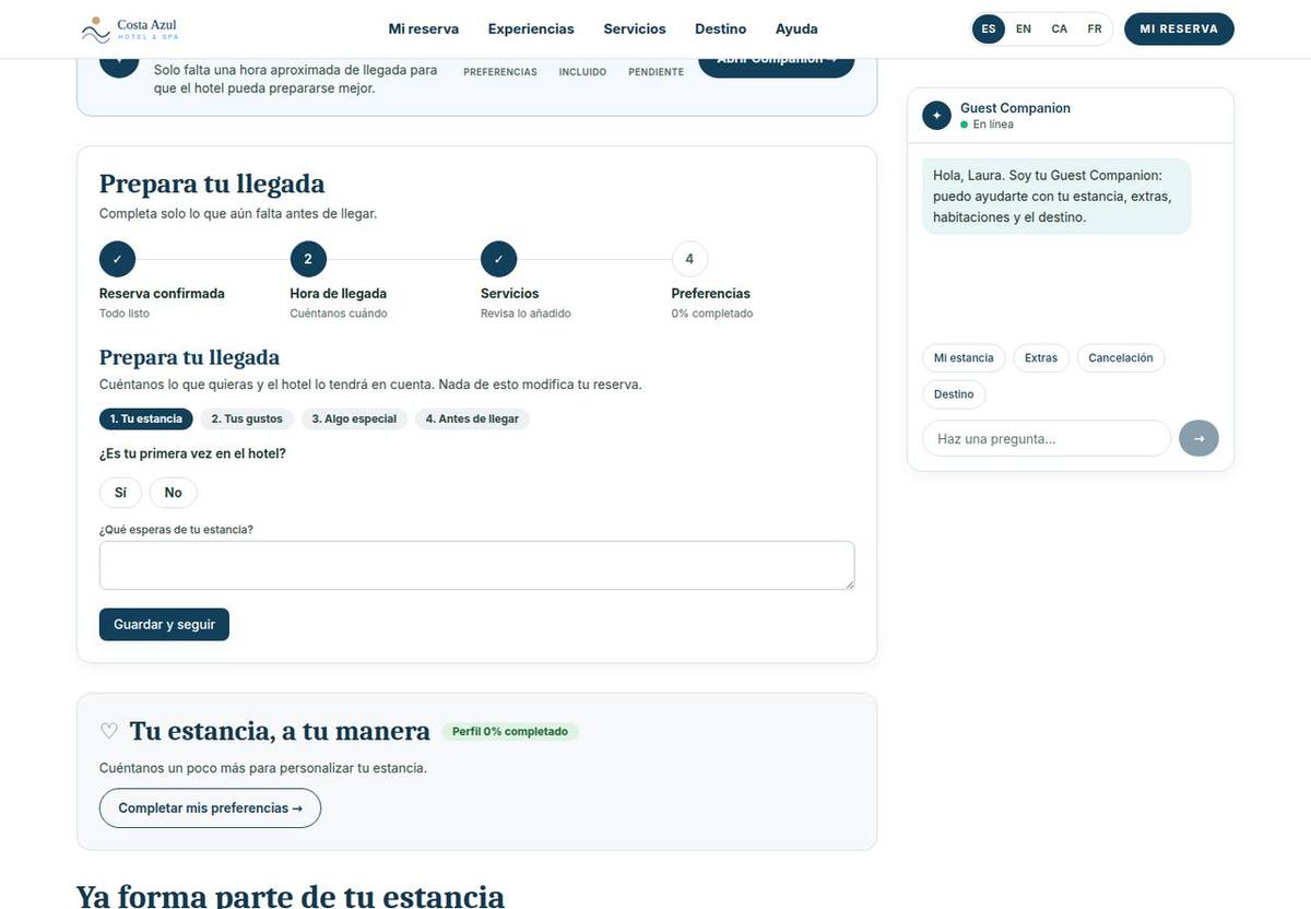 Preparar la llegada · Hotel ficticio · datos de ejemplo